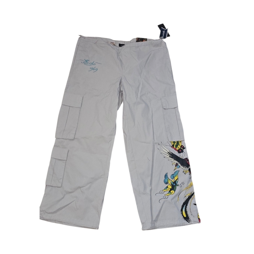 Ed Hardy Unisex Light Grey Cargo Pants- Multicolor Side Tattoo Graphics NWT-L - Picture 8 of 14